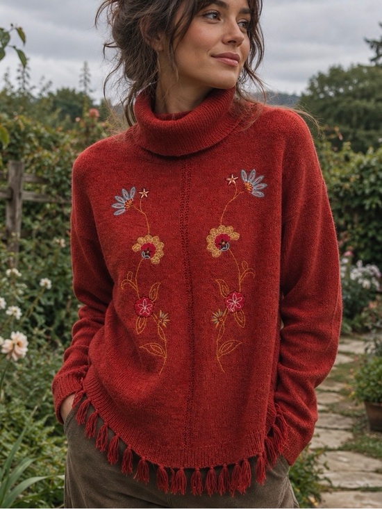 Sweaters - Denim Moves Embroidered Red Rust Sweater for Fall with Fringe Like New Medium